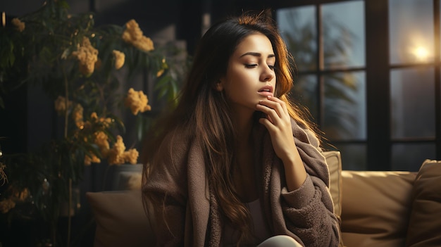 Фото азиатская женщина кашляет, чувствует себя плохо, сидит под одеялом с шрамом в холодной квартире