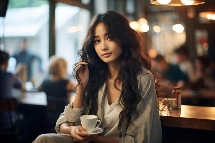 Photo カフェでコーヒーを飲んでいるアジア人女性の写真