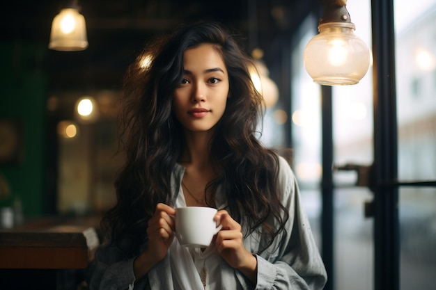 Фото азиатки, пьющей кофе в кафе.