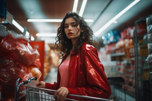 Photo asian woman going to the supermarket to buy supplies