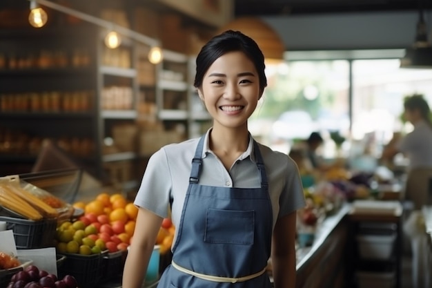 Photo a photo of asian woman store worker smiles retail store grocery bakery pharmacy lady with an apron working in the market