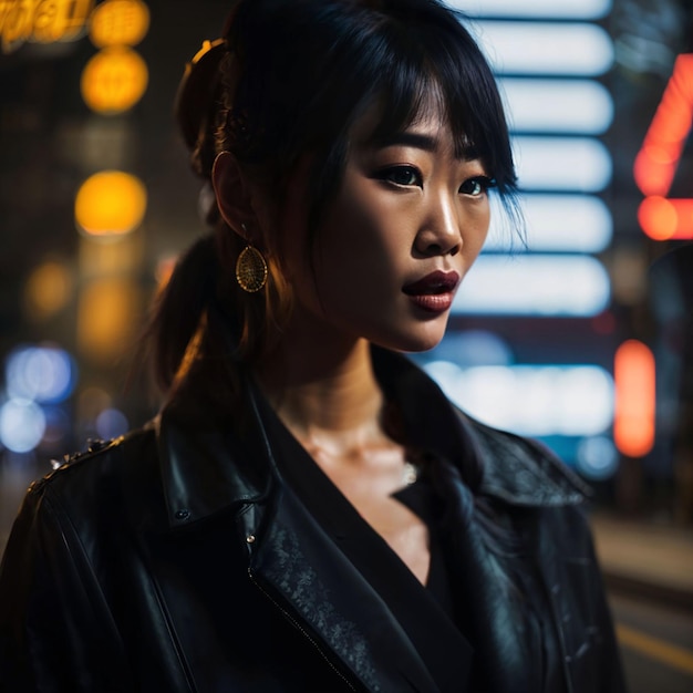 Photo of asian woman at street night with light generative AI