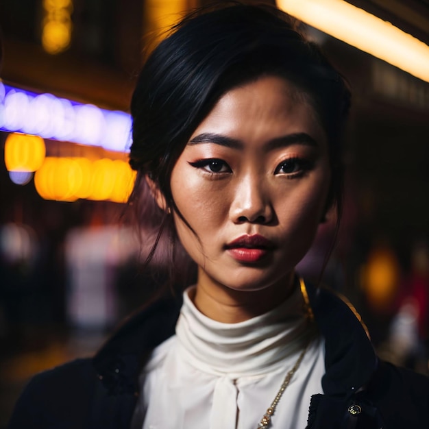 Photo of asian woman at street night with light generative AI