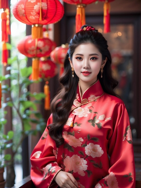 중국의 전형적인 신년 옷을 입은 아시아 여성의 사진, 빨간색 테마 11