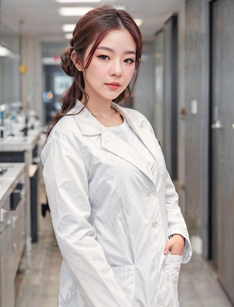 Photo of asian woman in white lab coat at modern laboratory generative AI