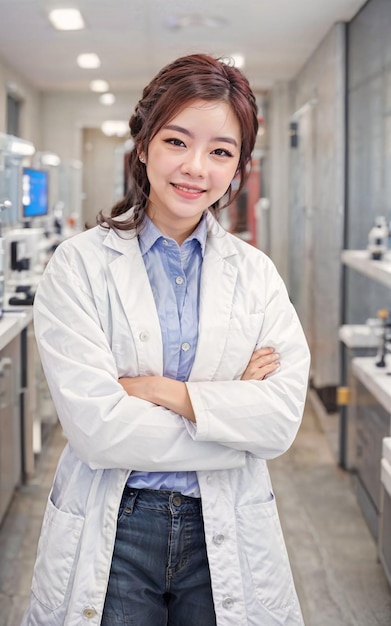 Photo of asian woman in white lab coat at modern laboratory generative AI