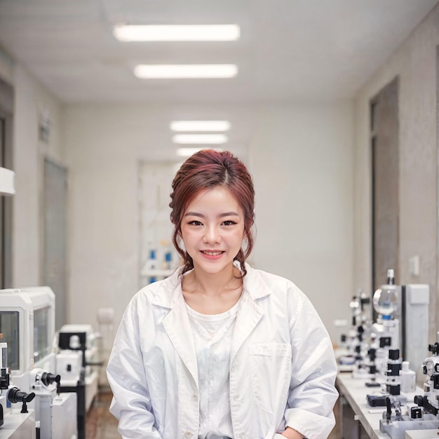 Photo of asian woman in white lab coat at modern laboratory generative AI