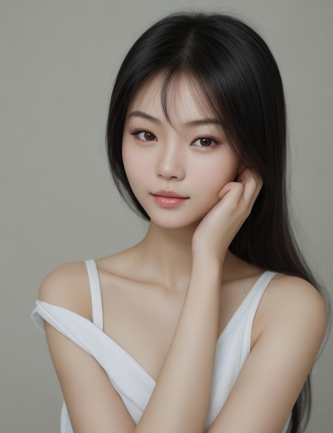 Photo of Asian woman with beautiful face and perfectly clean fresh skin cute female model facing th