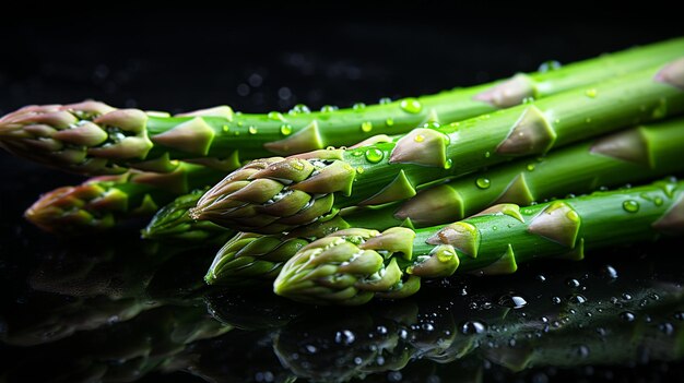 Photo of asparagus on the black table with waterdrops