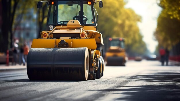 A photo of an asphalt roller on a newly paved road