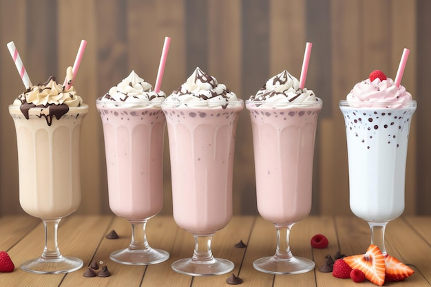 Photo assortment of milkshake glasses with fruits and chocolate