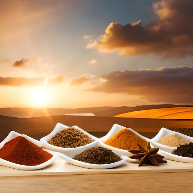 Photo assortment of oriental spices in wooden nice utensils isolated on a white background