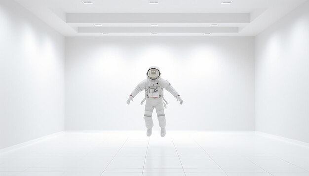 Photo of astronaut floating in empty room very modern and minimal white room