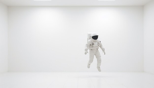 Foto foto di un astronauta che galleggia in una stanza vuota, una stanza bianca molto moderna e minimale.