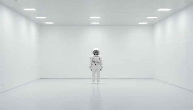 Foto foto di un astronauta che galleggia in una stanza vuota, una stanza bianca molto moderna e minimale.