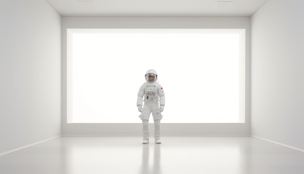 空の部屋に浮かぶ宇宙飛行士の写真 非常に近代的でミニマルな白い部屋