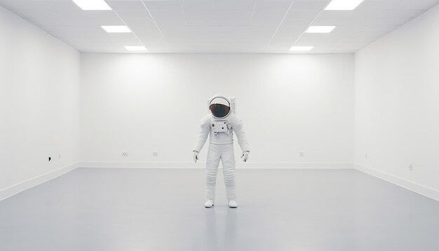 Foto foto di un astronauta che galleggia in una stanza vuota, una stanza bianca molto moderna e minimale.