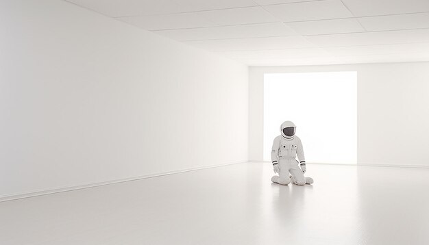 Photo of astronaut floating in empty room very modern and minimal white room