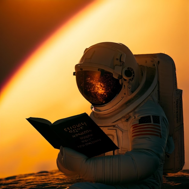 우주 생성 AI에서 책을 읽고 있는 우주비행사의 사진을 찍으세요.