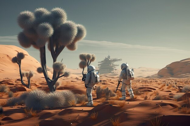 Photo astronauts in a desert with a tree in the background