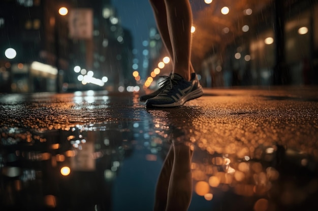 Photo of an athlete jogging in front of bokeh lights at night in the city Generative AI