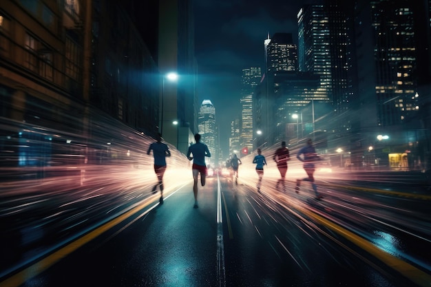 Photo of an athletes jogging in front of bokeh lights at night in the city Generative AI