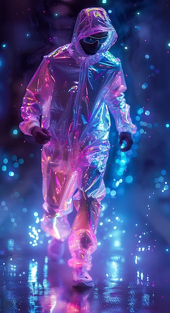 Photo photo of athletic male model with holographic tracksuit fashion frenc collage cyber tech fashion