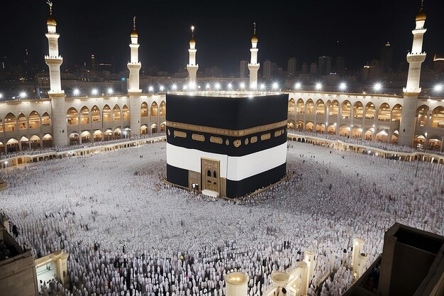 Photo photo of the atmosphere at night umrah congregation worshiping near the kaaba mecca saudi arabia