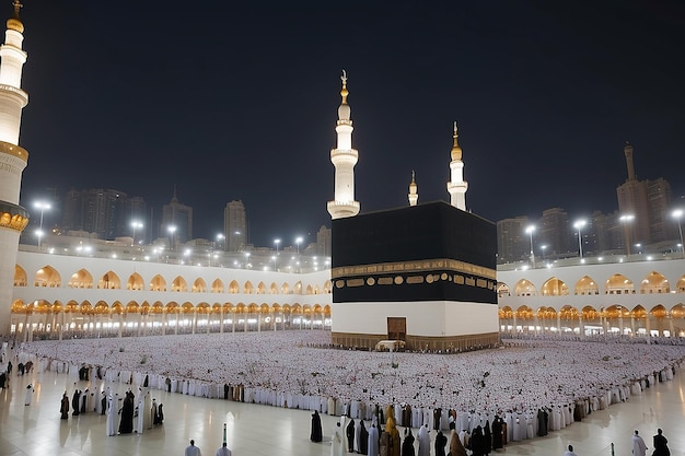 photo of the atmosphere at night Umrah congregation worshiping near the Kaaba Mecca Saudi Arabia