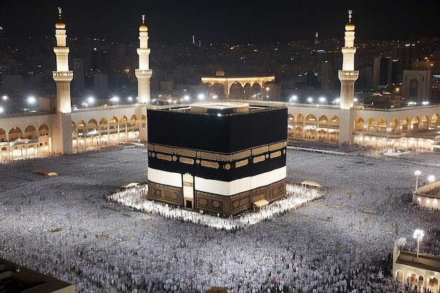 Photo photo of the atmosphere at night umrah congregation worshiping near the kaaba mecca saudi arabia