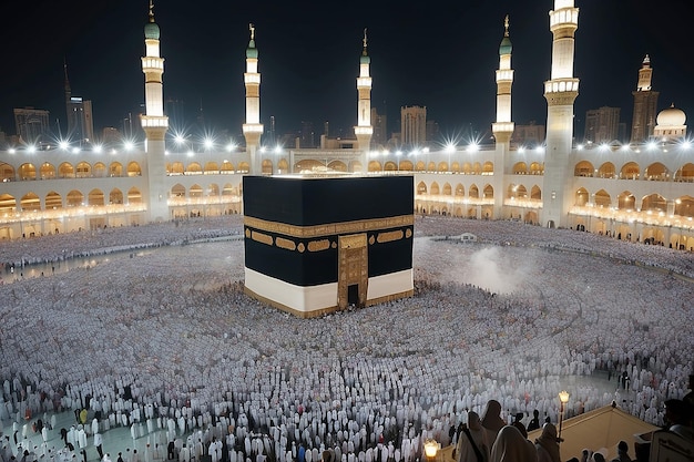 Photo photo of the atmosphere at night umrah congregation worshiping near the kaaba mecca saudi arabia