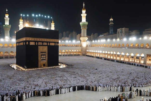 photo of the atmosphere at night Umrah congregation worshiping near the Kaaba Mecca Saudi Arabia