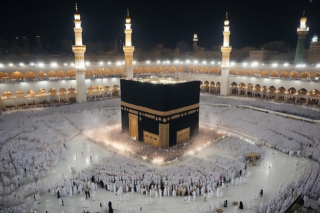 photo of the atmosphere at night Umrah congregation worshiping near the Kaaba Mecca Saudi Arabia