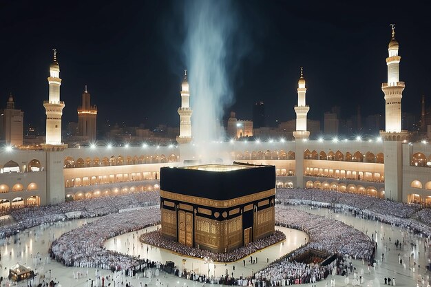 サウジアラビアのメッカのカバの近くで礼拝しているウムラの会衆の夜の囲気の写真