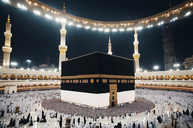 Photo photo of the atmosphere at night umrah congregation worshiping near the kaaba mecca saudi arabia