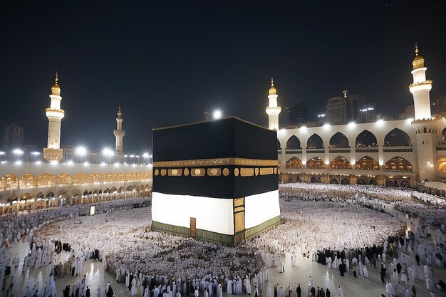 Photo photo of the atmosphere at night umrah congregation worshiping near the kaaba mecca saudi arabia