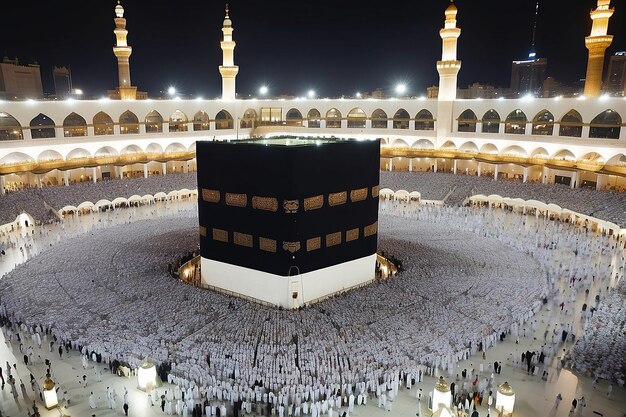 Photo photo of the atmosphere at night umrah congregation worshiping near the kaaba mecca saudi arabia