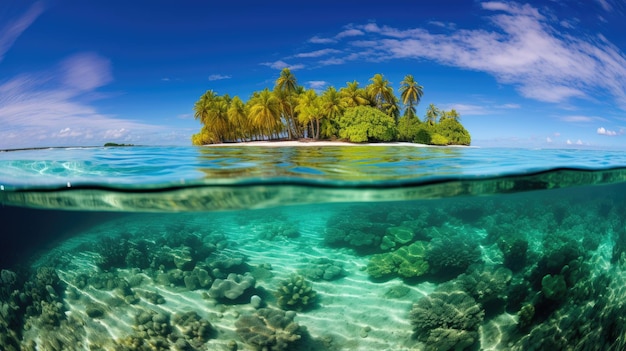 Фото атолла с мелководными коралловыми рифами и изумрудно-зелеными водами