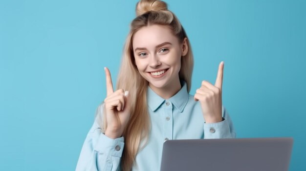 Foto foto della ragazza attraente, allegra e esperta che usa un portatile