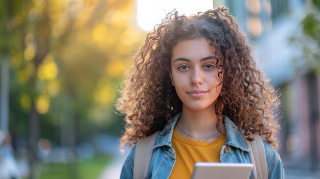 Foto foto di una attraente studentessa dai capelli ricci vestita in abiti casuali