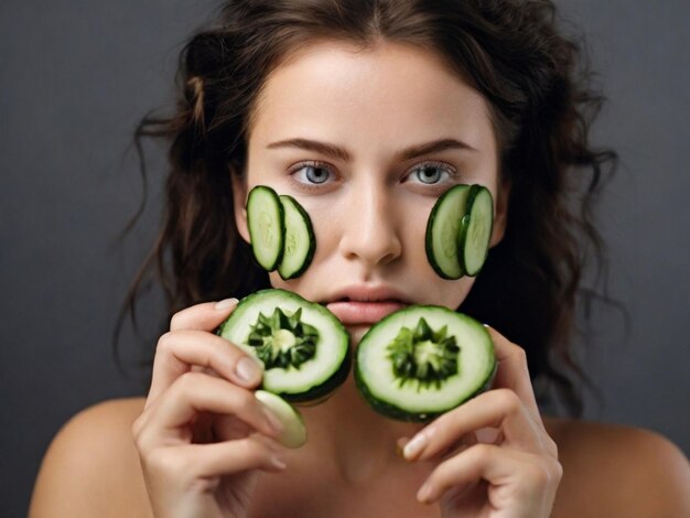 Photo photo attractive lady with scrab on face holding cucumber slice her eyes