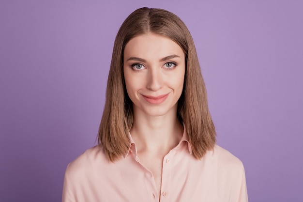 Photo of attractive positive cute nice girl happy positive smile confident smart isolated violet color background