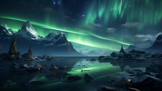 Photo aurora borealis northern lights and beautiful star on night sky background realistic 2d