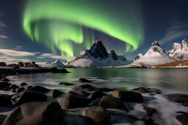 ノルウェーの夜空を描く北極光の写真