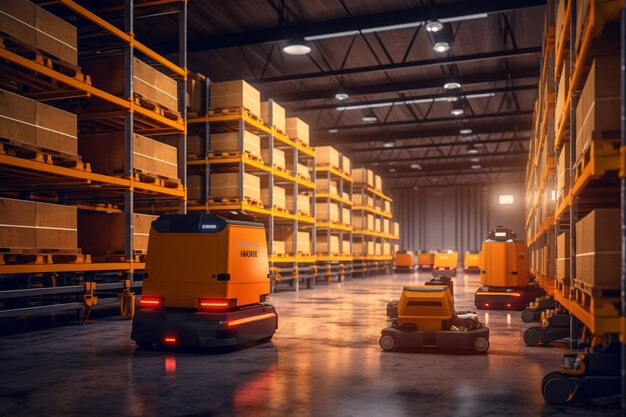 Photo of automated guided vehicles inside warehouse AI generated