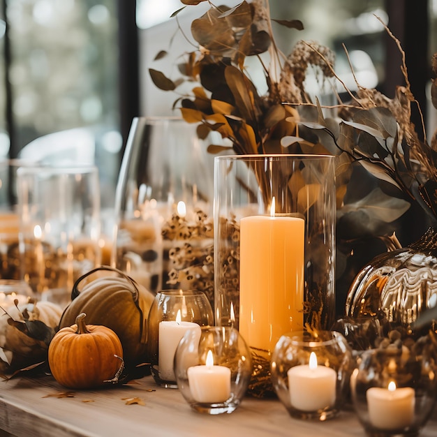 Fall Time. Autumn Decoration. Candlesticks In The Form Of Lanterns With Daisy  Decor, Juniper And Autumn Red Leaves. Selective Focus. Stock Photo, Picture  and Royalty Free Image. Image 109078150.