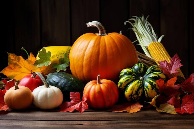 photo of autumn decorations and autumn leaves on a wooden table with a wood grain texture