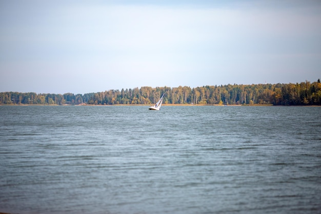 Photo of autumn forest lake yacht