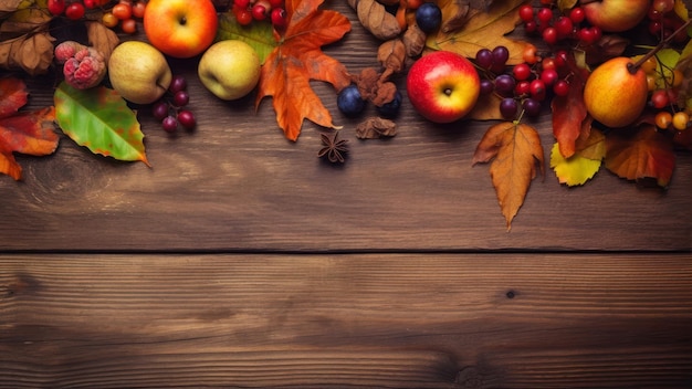 A photo of autumn leaves and apples on a wooden table