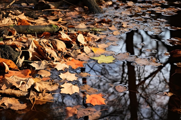 Photo of Autumn leaves reflected in a forest pond